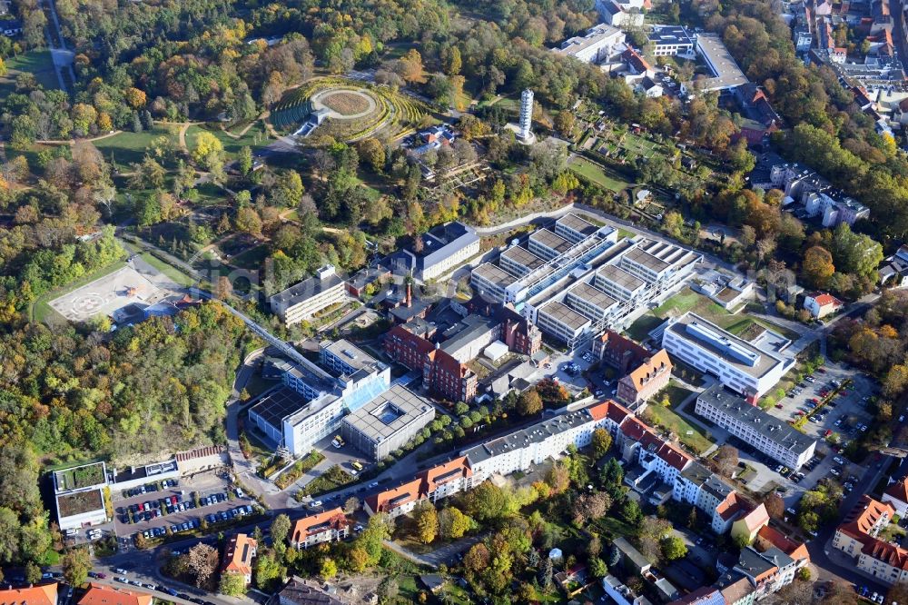 Brandenburg an der Havel from above - Clinic area with the new building and the old building of the hospital of the Urban medical centre Brandenburg GmbH overlooking the vineyard and the Friedenswarte auf dem Marienberg in Brandenburg to Havel in the federal state Brandenburg, Germany