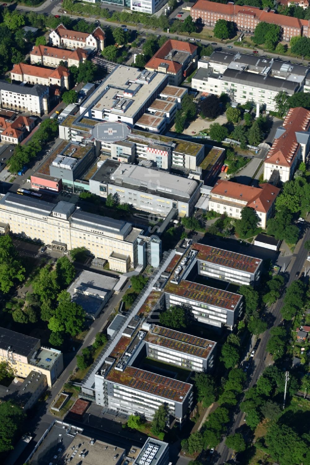 Dresden from above - Hospital grounds of the Clinic Universitaetsklinikum Carl Gustav Carus (VTG) on Fetscherstrasse in Dresden in the state Saxony, Germany