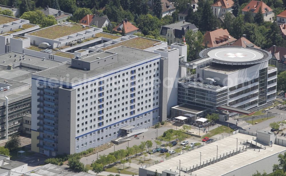 Halle (Saale) from the bird's eye view: Hospital grounds of the Clinic Universitaetsklinikum Halle (Saale) on Ernst-Grube-Strasse in the district West in Halle (Saale) in the state Saxony-Anhalt, Germany