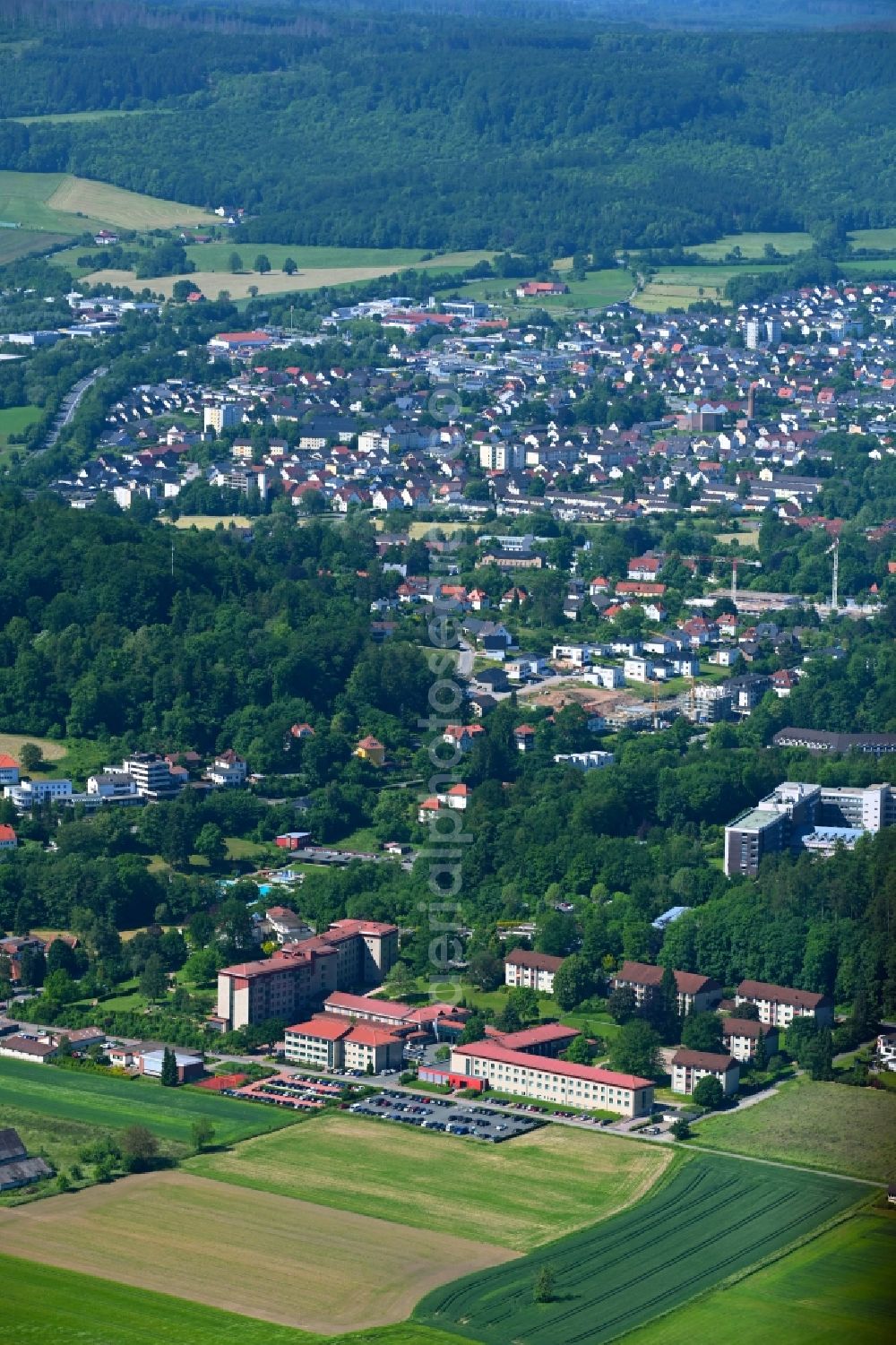 Bad Driburg from the bird's eye view: Hospital grounds of the rehabilitation center Rehabilitationsklinik of BfA in Bad Driburg in the state North Rhine-Westphalia, Germany