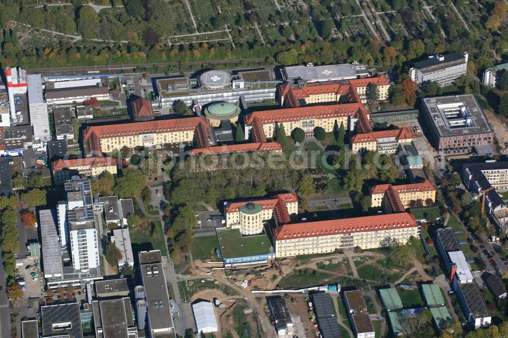 Aerial photograph Freiburg im Breisgau - Hospital grounds of the Clinic of Universtitaetsklinik in Freiburg im Breisgau in the state Baden-Wurttemberg, that belongs to the Albert-Ludwigs University Freiburg