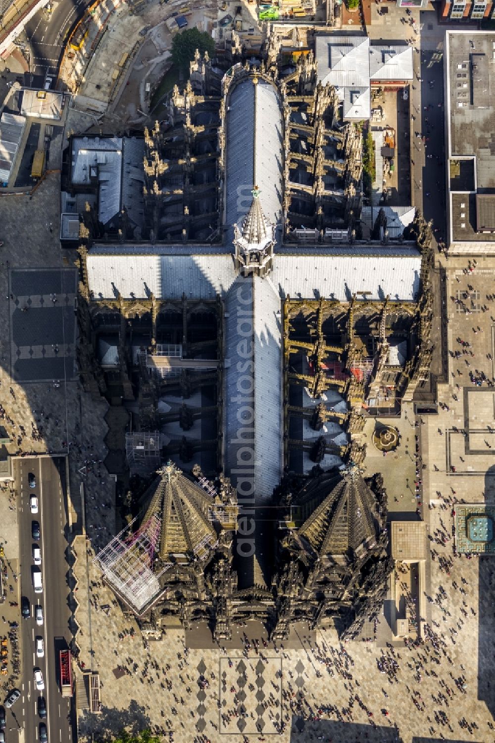 Köln from above - View of the Cologne Cathedral in the center of Cologne, near central station. The Cologne Cathedral is a Roman Catholic church in the Gothic style in Cologne and the Cathedral of the Archdiocese of Cologne. It is the second highest church building in Europe and the third highest in the world