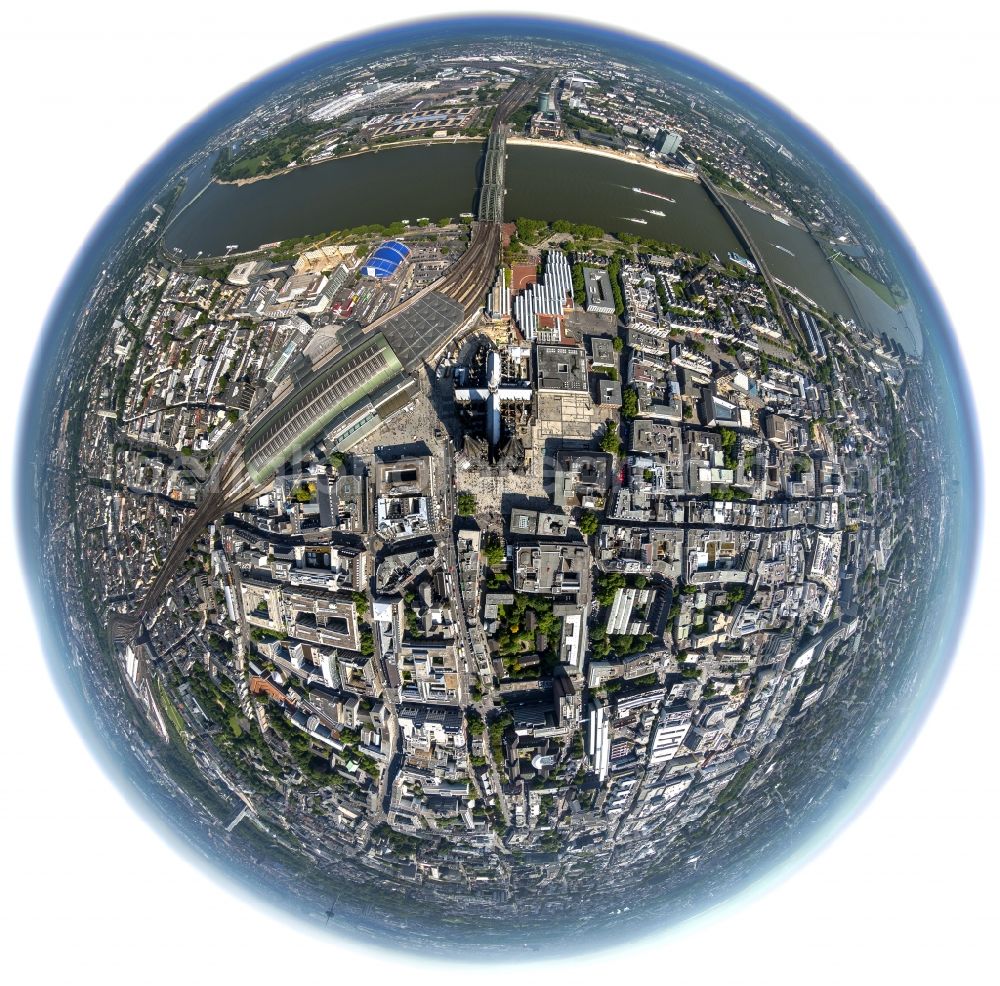 Aerial image Köln - Fish eye - view of the Cologne Cathedral in the center of Cologne, near central station. The Cologne Cathedral is a Roman Catholic church in the Gothic style in Cologne and the Cathedral of the Archdiocese of Cologne. It is the second highest church building in Europe and the third highest in the world