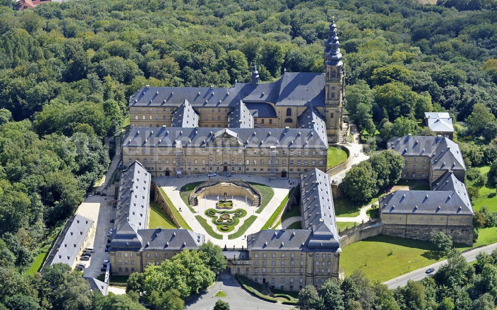 Aerial image Bad Staffelstein - Blick auf das Kloster Banz,einem ehemaligen Benediktinerkloster. Seit 1978 ist das Kloster im Besitz der CSU-nahen Hanns-Seidel-Stiftung und dient als Tagungsstätte. Die gegründete Benediktiner-Abtei war bis zur Säkularisation 1803 das älteste Kloster am Obermain. View of the Banz Abbey, a former Benedictine monastery. Since 1978, the monastery owned by the CSU-affiliated Hanns-Seidel Foundation and serves as a meeting place. The Benedictine abbey was founded in 1073 and until the secularisation in 1803 the oldest monastery in the Upper Main.