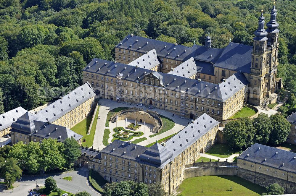 Bad Staffelstein from the bird's eye view: Blick auf das Kloster Banz,einem ehemaligen Benediktinerkloster. Seit 1978 ist das Kloster im Besitz der CSU-nahen Hanns-Seidel-Stiftung und dient als Tagungsstätte. Die gegründete Benediktiner-Abtei war bis zur Säkularisation 1803 das älteste Kloster am Obermain. View of the Banz Abbey, a former Benedictine monastery. Since 1978, the monastery owned by the CSU-affiliated Hanns-Seidel Foundation and serves as a meeting place. The Benedictine abbey was founded in 1073 and until the secularisation in 1803 the oldest monastery in the Upper Main.