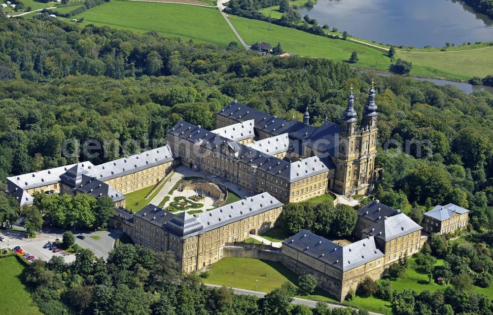 Aerial image Bad Staffelstein - Blick auf das Kloster Banz,einem ehemaligen Benediktinerkloster. Seit 1978 ist das Kloster im Besitz der CSU-nahen Hanns-Seidel-Stiftung und dient als Tagungsstätte. Die gegründete Benediktiner-Abtei war bis zur Säkularisation 1803 das älteste Kloster am Obermain. View of the Banz Abbey, a former Benedictine monastery. Since 1978, the monastery owned by the CSU-affiliated Hanns-Seidel Foundation and serves as a meeting place. The Benedictine abbey was founded in 1073 and until the secularisation in 1803 the oldest monastery in the Upper Main.