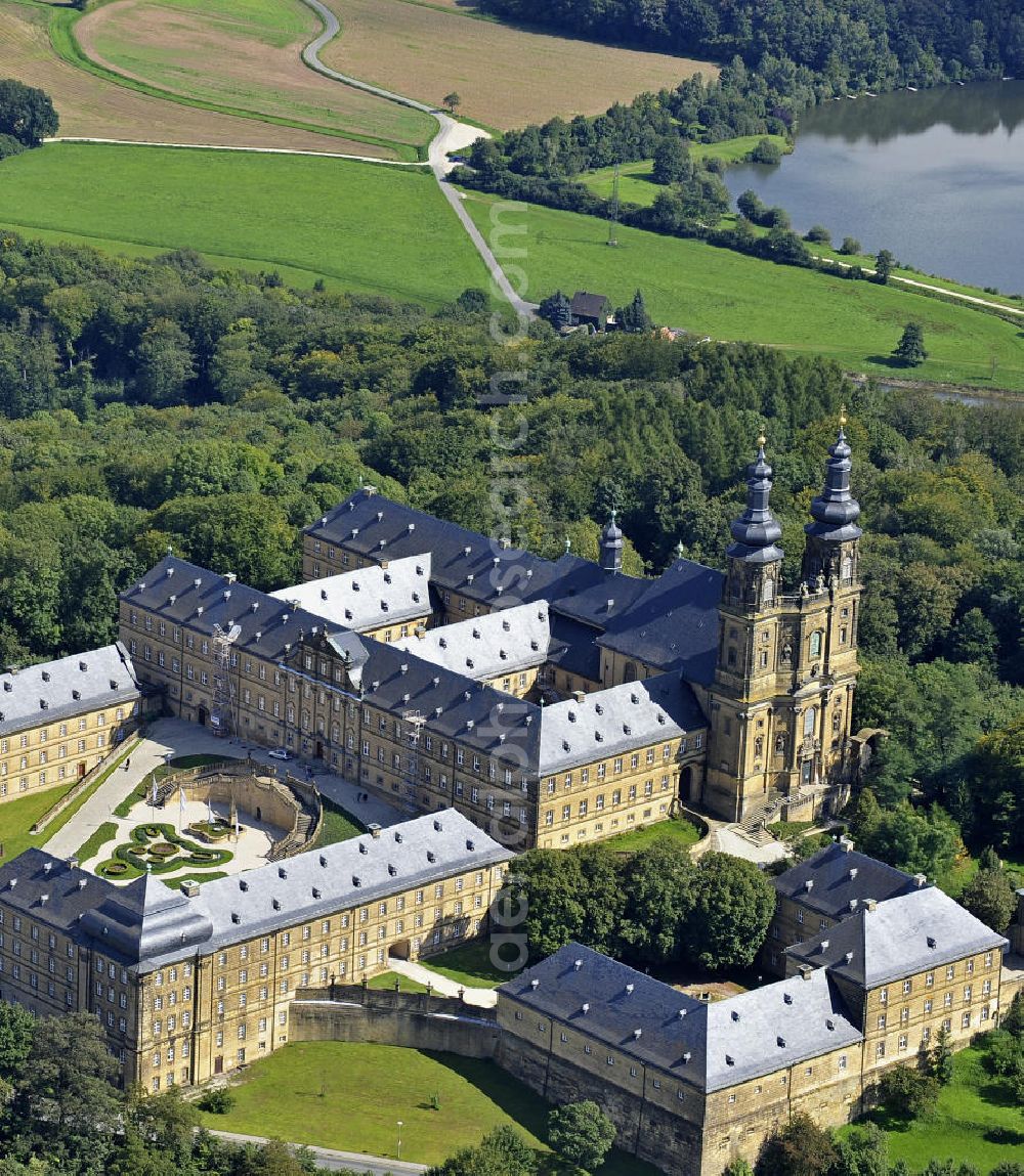 Aerial photograph Bad Staffelstein - Blick auf das Kloster Banz,einem ehemaligen Benediktinerkloster. Seit 1978 ist das Kloster im Besitz der CSU-nahen Hanns-Seidel-Stiftung und dient als Tagungsstätte. Die gegründete Benediktiner-Abtei war bis zur Säkularisation 1803 das älteste Kloster am Obermain. View of the Banz Abbey, a former Benedictine monastery. Since 1978, the monastery owned by the CSU-affiliated Hanns-Seidel Foundation and serves as a meeting place. The Benedictine abbey was founded in 1073 and until the secularisation in 1803 the oldest monastery in the Upper Main.