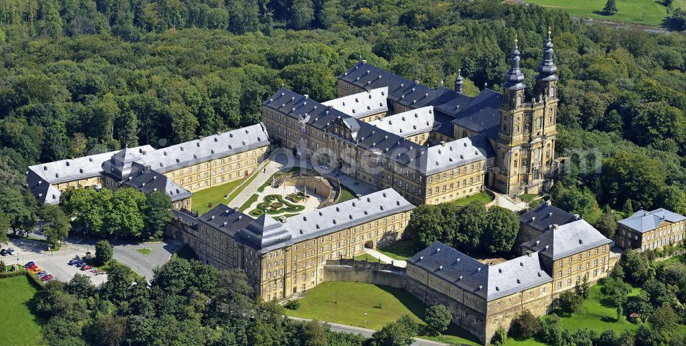 Bad Staffelstein from above - Blick auf das Kloster Banz,einem ehemaligen Benediktinerkloster. Seit 1978 ist das Kloster im Besitz der CSU-nahen Hanns-Seidel-Stiftung und dient als Tagungsstätte. Die gegründete Benediktiner-Abtei war bis zur Säkularisation 1803 das älteste Kloster am Obermain. View of the Banz Abbey, a former Benedictine monastery. Since 1978, the monastery owned by the CSU-affiliated Hanns-Seidel Foundation and serves as a meeting place. The Benedictine abbey was founded in 1073 and until the secularisation in 1803 the oldest monastery in the Upper Main.