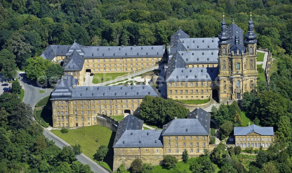 Aerial image Bad Staffelstein - Blick auf das Kloster Banz,einem ehemaligen Benediktinerkloster. Seit 1978 ist das Kloster im Besitz der CSU-nahen Hanns-Seidel-Stiftung und dient als Tagungsstätte. Die gegründete Benediktiner-Abtei war bis zur Säkularisation 1803 das älteste Kloster am Obermain. View of the Banz Abbey, a former Benedictine monastery. Since 1978, the monastery owned by the CSU-affiliated Hanns-Seidel Foundation and serves as a meeting place. The Benedictine abbey was founded in 1073 and until the secularisation in 1803 the oldest monastery in the Upper Main.