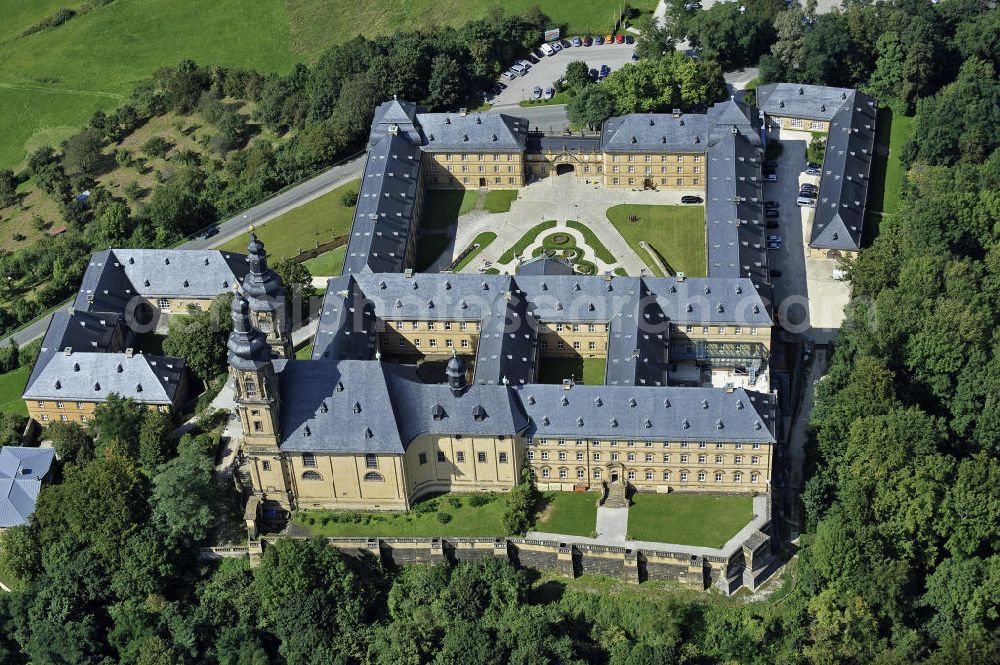 Bad Staffelstein from the bird's eye view: Blick auf das Kloster Banz,einem ehemaligen Benediktinerkloster. Seit 1978 ist das Kloster im Besitz der CSU-nahen Hanns-Seidel-Stiftung und dient als Tagungsstätte. Die gegründete Benediktiner-Abtei war bis zur Säkularisation 1803 das älteste Kloster am Obermain. View of the Banz Abbey, a former Benedictine monastery. Since 1978, the monastery owned by the CSU-affiliated Hanns-Seidel Foundation and serves as a meeting place. The Benedictine abbey was founded in 1073 and until the secularisation in 1803 the oldest monastery in the Upper Main.