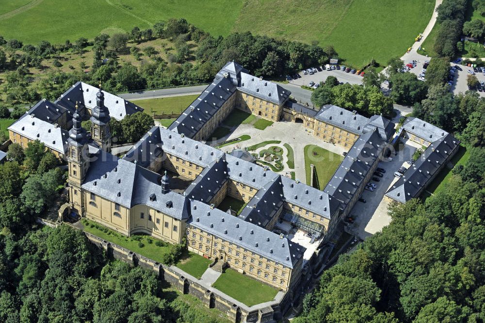 Aerial image Bad Staffelstein - Blick auf das Kloster Banz,einem ehemaligen Benediktinerkloster. Seit 1978 ist das Kloster im Besitz der CSU-nahen Hanns-Seidel-Stiftung und dient als Tagungsstätte. Die gegründete Benediktiner-Abtei war bis zur Säkularisation 1803 das älteste Kloster am Obermain. View of the Banz Abbey, a former Benedictine monastery. Since 1978, the monastery owned by the CSU-affiliated Hanns-Seidel Foundation and serves as a meeting place. The Benedictine abbey was founded in 1073 and until the secularisation in 1803 the oldest monastery in the Upper Main.