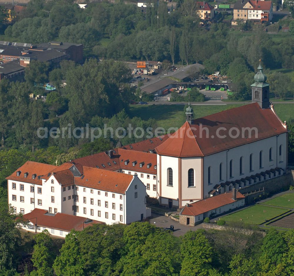 Aerial image Fulda - Blick auf das Kloster Freundenberg mit der barocken Klosterkirche. Das Kloster der Franziskaner steht auf dem gleichnamigen Berg und wurde schon im 9. Jahrhundert gegründet. View of the Monastery Freudenberg with the baroque monastery church. The Abbey was founded in the 9th Century.