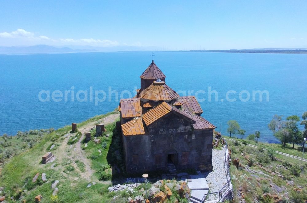 Aerial image Hayravank - View of Hajravankhin Hayravank Monastery at the lake Sevan in the Gegharkunik Province in Armenia