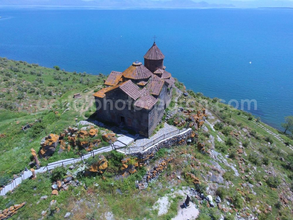 Aerial photograph Hayravank - View of Hajravankhin Hayravank Monastery at the lake Sevan in the Gegharkunik Province in Armenia