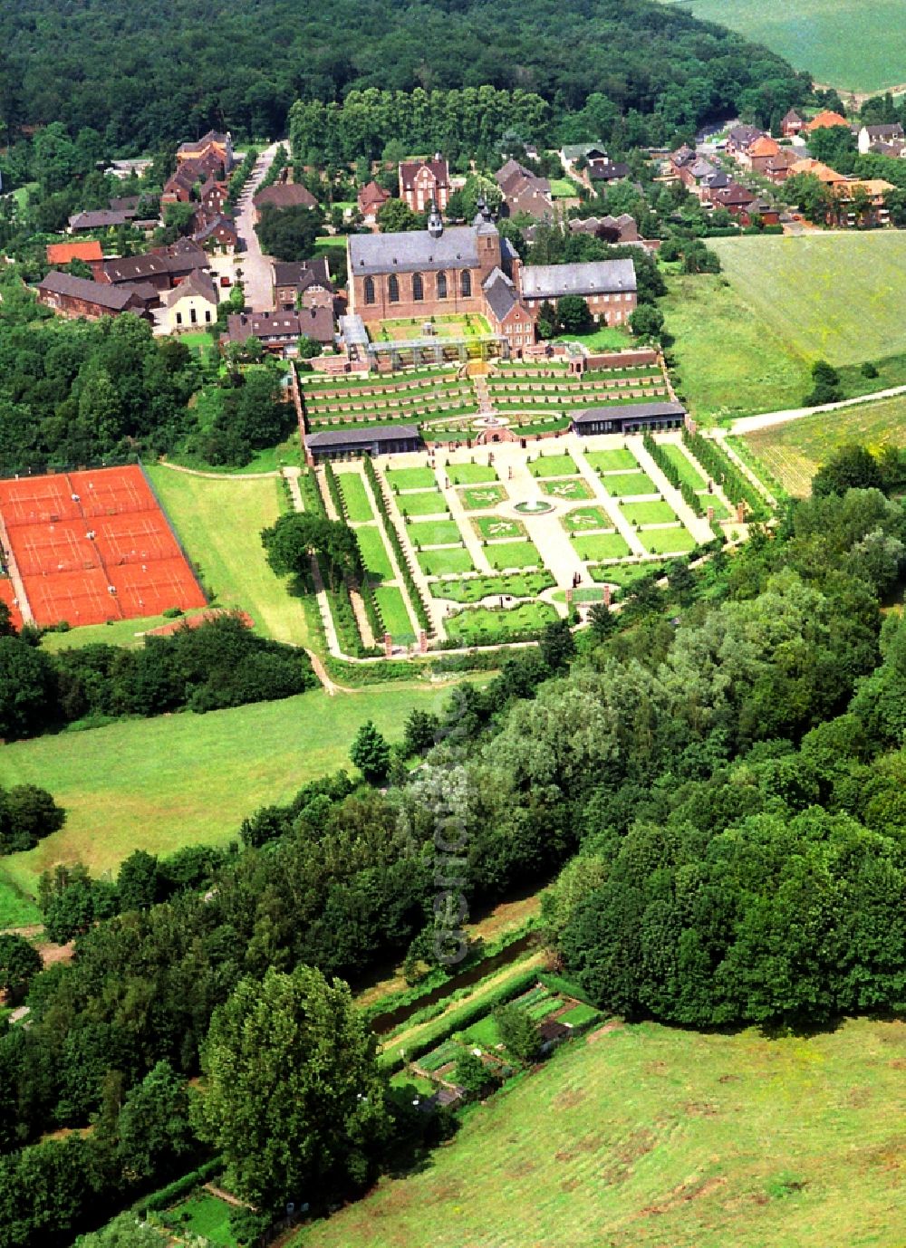 Kamp-Lintfort from the bird's eye view: This monastery in Kamp-Lintfort in the state North Rhine-Westphalia is the oldest german monestery of the Zisterzienser order