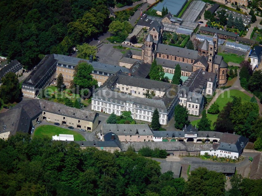 Aerial image Glees - Die hochmittelalterliche Klosteranlage Maria Laach, in der schon 1933 Konrad Adenauer Zuflucht vor den Nationalsozialisten fand, liegt nördlich von Mendig in der Eifel auf der Markung der Ortsgemeinde Enkirch Glees im Landkreis Ahrweiler, Rheinland-Pfalz. The high middle ages monastery complex Maria Laach, where Konrad Adenauer found refuge from the national socialists in 1933, is located north of Mendig in the Eifel on the marking of the community Glees in the administrative district Ahrweiler, Rhineland-Palatinate.