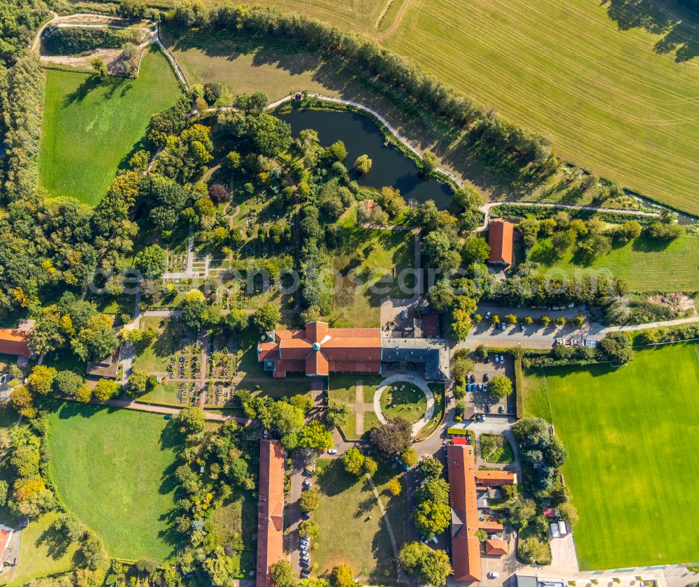 Marienfeld from above - Complex of buildings of the monastery on street Klosterhof in Marienfeld in the state North Rhine-Westphalia, Germany