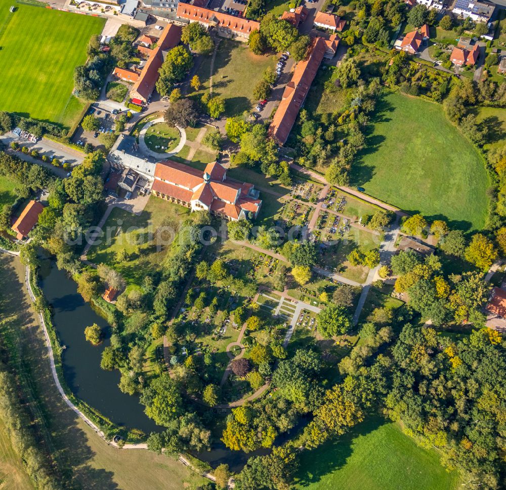 Marienfeld from the bird's eye view: Complex of buildings of the monastery on street Klosterhof in Marienfeld in the state North Rhine-Westphalia, Germany