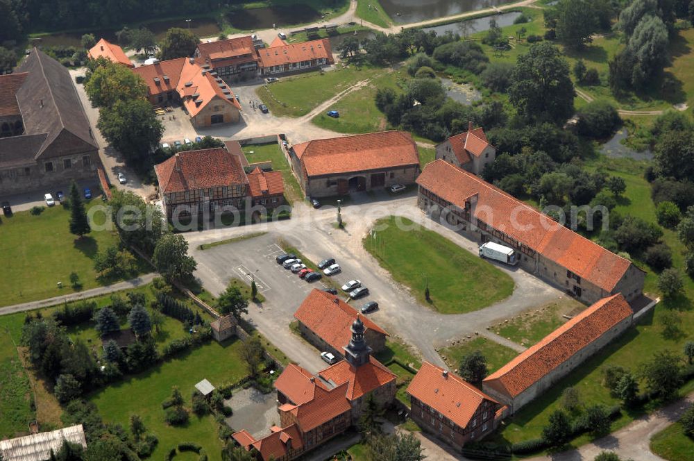 Aerial image Michaelstein (Blankenburg) - Strasse der Romanik: Blick auf das Klostergelände Michaelstein, welches heute Heimstatt des Telemann-Kammerorchesters Sachsen-Anhalt ist. Seine Klausurräume werden für Seminare und Konzertveranstaltungen, als Bibliothek, Verwaltung und Musikinstrumentenmuseum genutzt. Kontakt: Stiftung Kloster Michaelstein, Postfach 24, 38881 Blankenburg; Telefon: 03944/ 90 30-0; Telefax: 03944/ 90 30 30; Homepage: