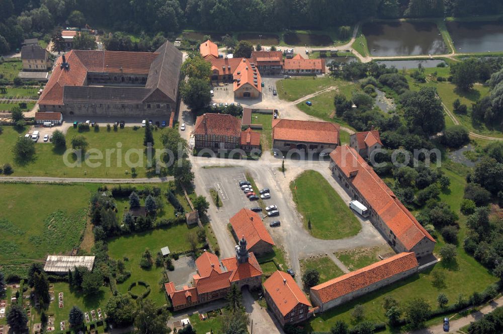 Aerial photograph Michaelstein (Blankenburg) - Strasse der Romanik: Blick auf das Klostergelände Michaelstein, welches heute Heimstatt des Telemann-Kammerorchesters Sachsen-Anhalt ist. Seine Klausurräume werden für Seminare und Konzertveranstaltungen, als Bibliothek, Verwaltung und Musikinstrumentenmuseum genutzt. Kontakt: Stiftung Kloster Michaelstein, Postfach 24, 38881 Blankenburg; Telefon: 03944/ 90 30-0; Telefax: 03944/ 90 30 30; Homepage: