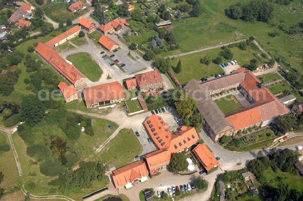 Michaelstein (Blankenburg) from above - Strasse der Romanik: Blick auf das Klostergelände Michaelstein, welches heute Heimstatt des Telemann-Kammerorchesters Sachsen-Anhalt ist. Seine Klausurräume werden für Seminare und Konzertveranstaltungen, als Bibliothek, Verwaltung und Musikinstrumentenmuseum genutzt. Kontakt: Stiftung Kloster Michaelstein, Postfach 24, 38881 Blankenburg; Telefon: 03944/ 90 30-0; Telefax: 03944/ 90 30 30; Homepage: