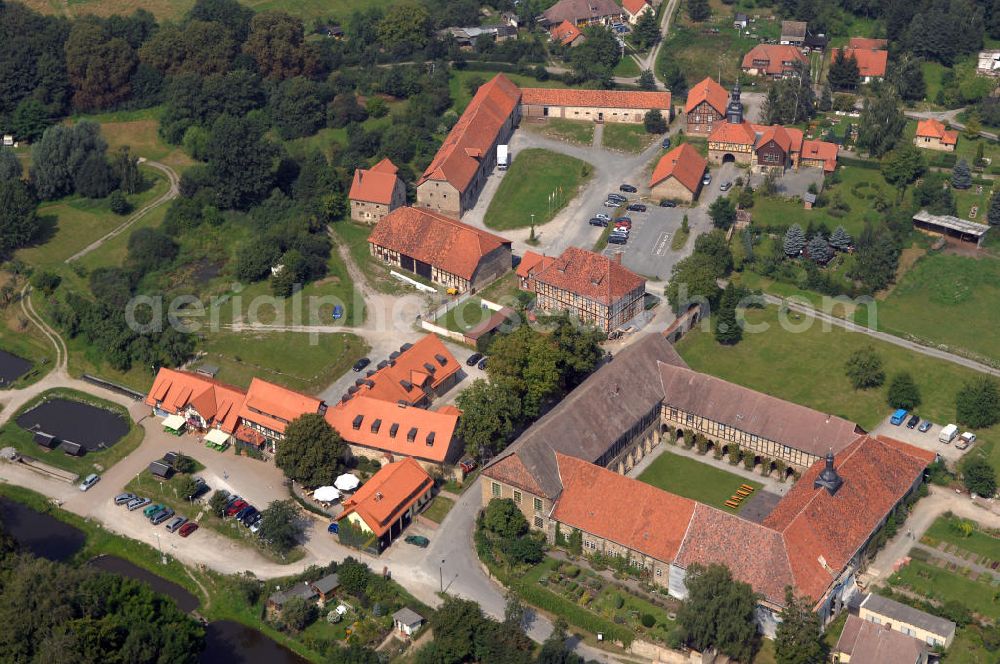 Michaelstein (Blankenburg) from the bird's eye view: Strasse der Romanik: Blick auf das Klostergelände Michaelstein, welches heute Heimstatt des Telemann-Kammerorchesters Sachsen-Anhalt ist. Seine Klausurräume werden für Seminare und Konzertveranstaltungen, als Bibliothek, Verwaltung und Musikinstrumentenmuseum genutzt. Kontakt: Stiftung Kloster Michaelstein, Postfach 24, 38881 Blankenburg; Telefon: 03944/ 90 30-0; Telefax: 03944/ 90 30 30; Homepage: