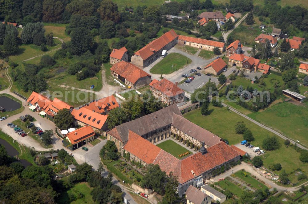 Aerial photograph Michaelstein (Blankenburg) - Strasse der Romanik: Blick auf das Klostergelände Michaelstein, welches heute Heimstatt des Telemann-Kammerorchesters Sachsen-Anhalt ist. Seine Klausurräume werden für Seminare und Konzertveranstaltungen, als Bibliothek, Verwaltung und Musikinstrumentenmuseum genutzt. Kontakt: Stiftung Kloster Michaelstein, Postfach 24, 38881 Blankenburg; Telefon: 03944/ 90 30-0; Telefax: 03944/ 90 30 30; Homepage: