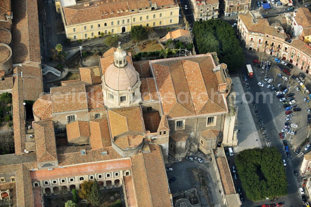 Aerial image Catania Sizilien - The monastery was originally a Benedictine monastery of San Nicola and now houses part of the University of Catania, with the adjoining unfinished church of San Nicola l'Arena Cantania on Sicily in Italy