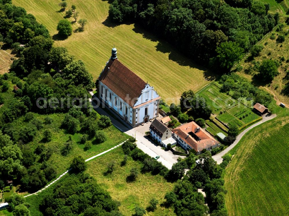 Aerial photograph Rottenburg - The monastery is a sanctuary Weggental of the Franciscan Order. The church is located outside of town, nestled between meadows and fields. The sanctuary is still in active use