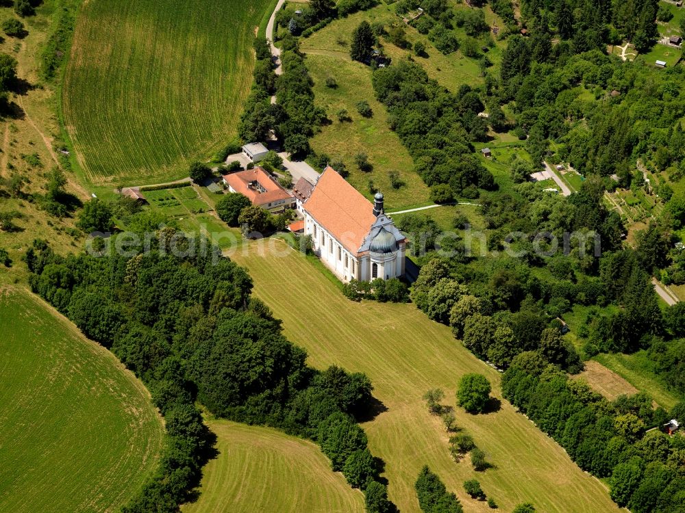 Rottenburg from the bird's eye view: The monastery is a sanctuary Weggental of the Franciscan Order. The church is located outside of town, nestled between meadows and fields. The sanctuary is still in active use