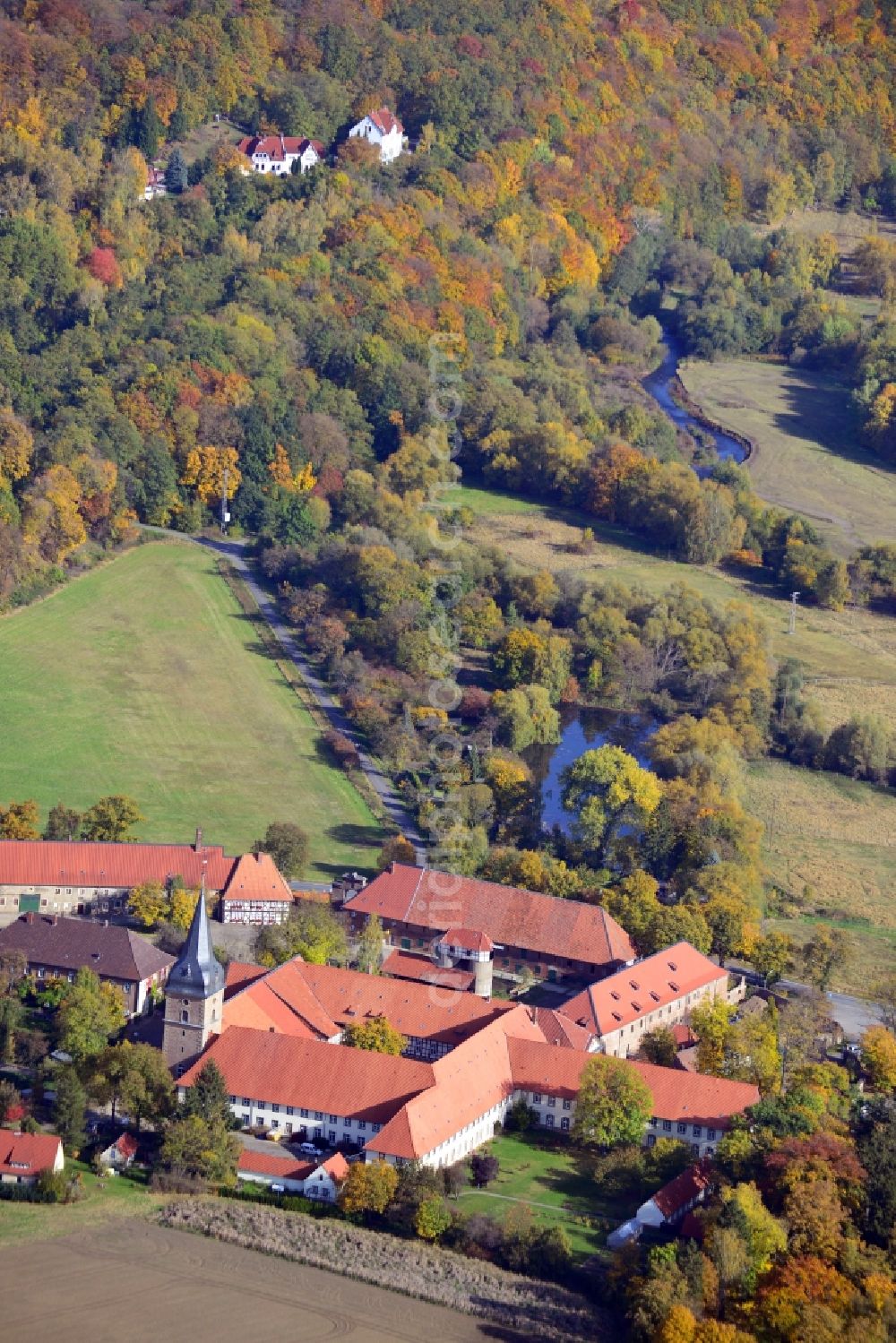 Aerial image Wöltingerode - View of the monastery in Wöltingerode in the state Lower Saxony. The monasery, once founded as a Benedictine monastery, today is used as a cloister hotel and for a distillery