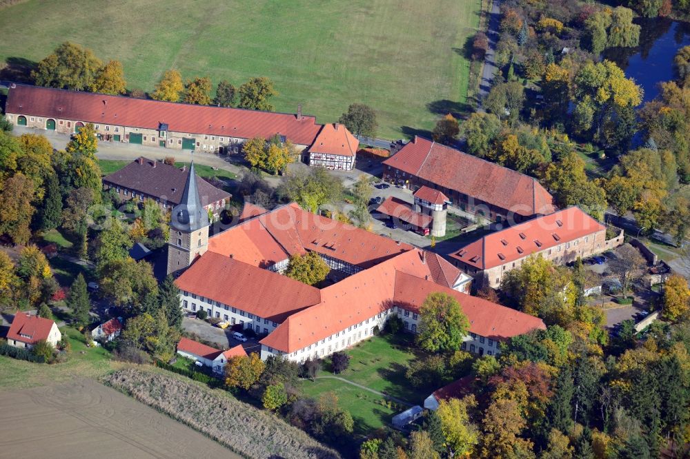 Aerial photograph Wöltingerode - View of the monastery in Wöltingerode in the state Lower Saxony. The monasery, once founded as a Benedictine monastery, today is used as a cloister hotel and for a distillery