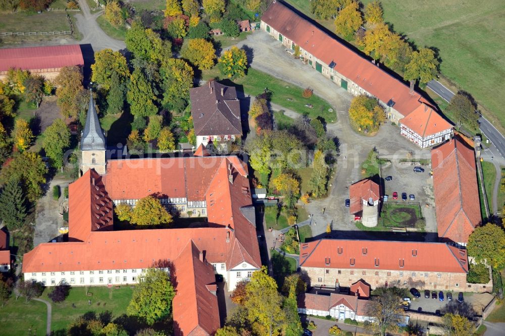 Wöltingerode from above - View of the monastery in Wöltingerode in the state Lower Saxony. The monasery, once founded as a Benedictine monastery, today is used as a cloister hotel and for a distillery