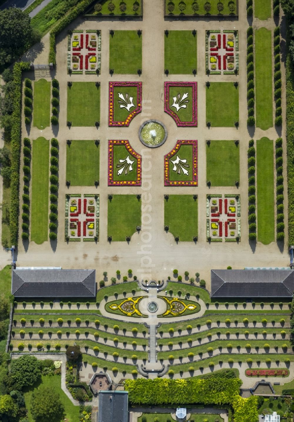 Kamp-Lintfort from above - Monastery grounds and terrace garden of the monastery garden of the Cistercian monastery in Kamp-Lintfort in the state of North Rhine-Westphalia