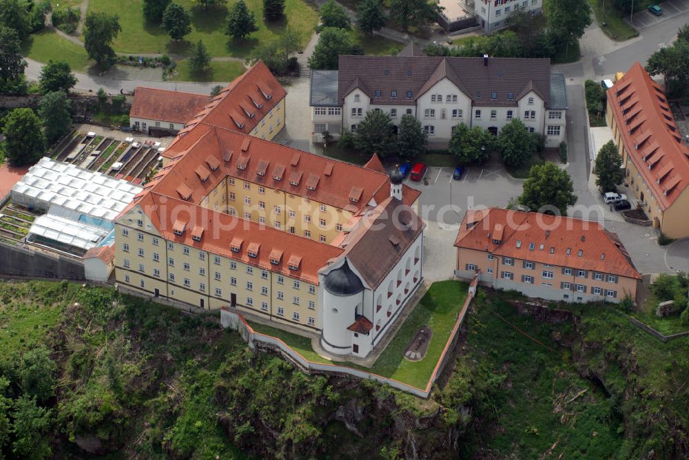 Gammertingen / OT Mariaberg from the bird's eye view: Blick auf die Klosterkirche in Mariaberg, Ortsteil der Gemeinde Gammertingen. Die barocke Mariaberger Klosterkirche steht unter Denkmalschutz. Mit ihren hoch geschwungenen Bögen und ihrer klaren Akustik bildet die Mariaberger Klosterkirche den passenden Rahmen für Konzerte. Mariaberger Heime e.V., Klosterhof 1, 72501 Gammertingen / OT Mariaberg, Tel.: 07124 / 923-0