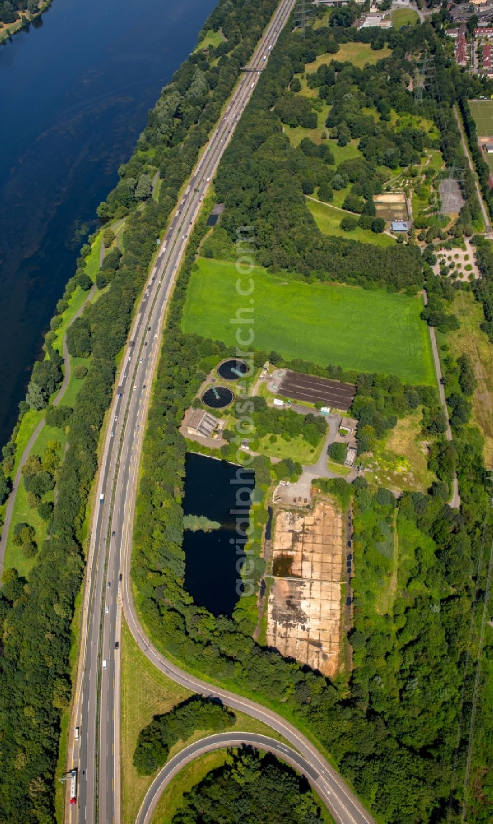 Witten from the bird's eye view: Sewage works and wastewater treatment plant on federal motorway A43 in the Herbede part on the river Ruhr in Witten in the state of North Rhine-Westphalia