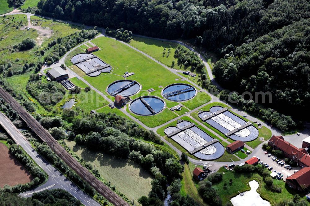 Eisenach from above - Klärwerk im Eisenacher Stadtteil Stedtfeld, welches betrieben wird vom Trinkwasser- und Abwasserverband Eisenach-Erbstromtal. Defecator in borough Stedtfeld in Eisenach, which is operated by drinking water- and sanitary district Eisenach-Erbstromtal.