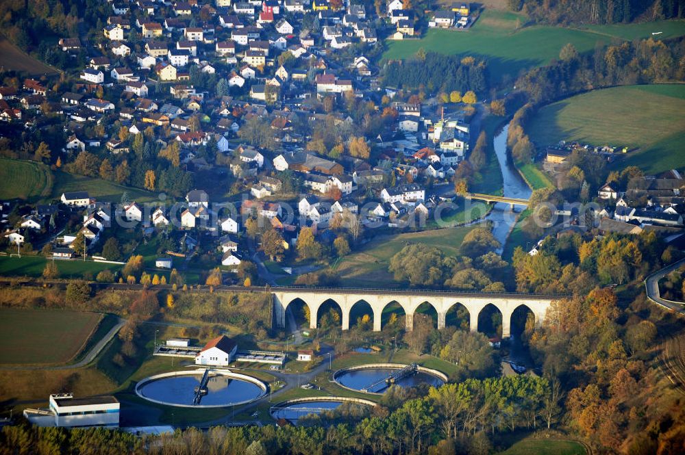 Hof from above - Defecator Hof and viaduct in Hof-Unterkotzau at the Saale river in Bavaria