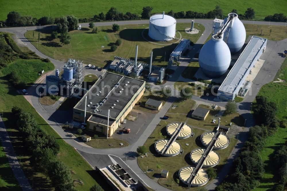 Aerial image Dresden - Waste water treatment plant Klaeranlage Kaditz with digestion towers in the Kaditz part in the North of Dresden in the state of Saxony