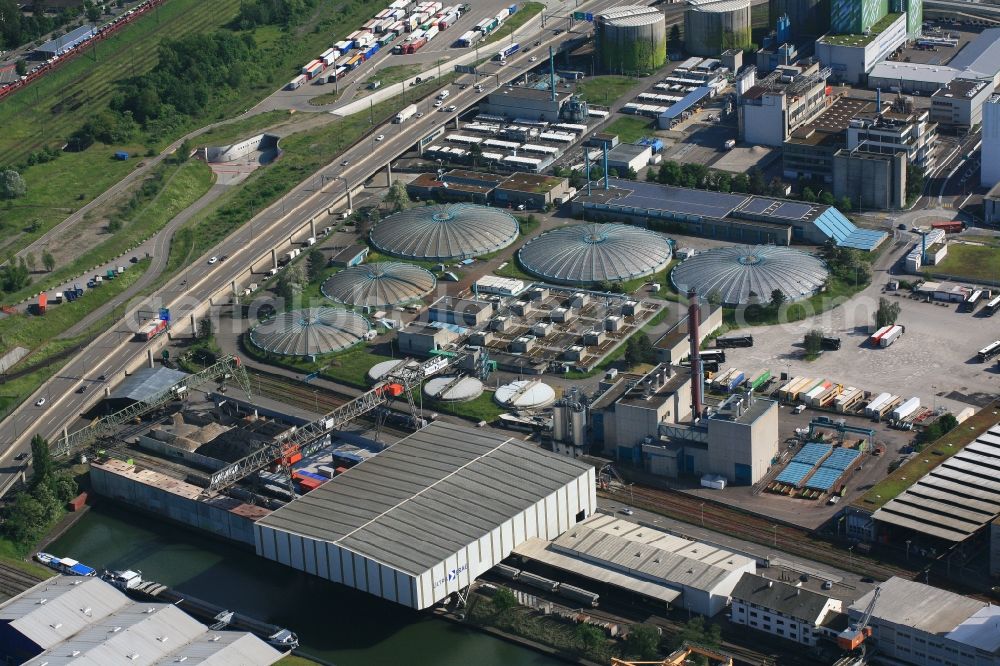 Basel from above - Sewage works Basin and purification steps for waste water treatment plant Prorheno in Basel, Switzerland