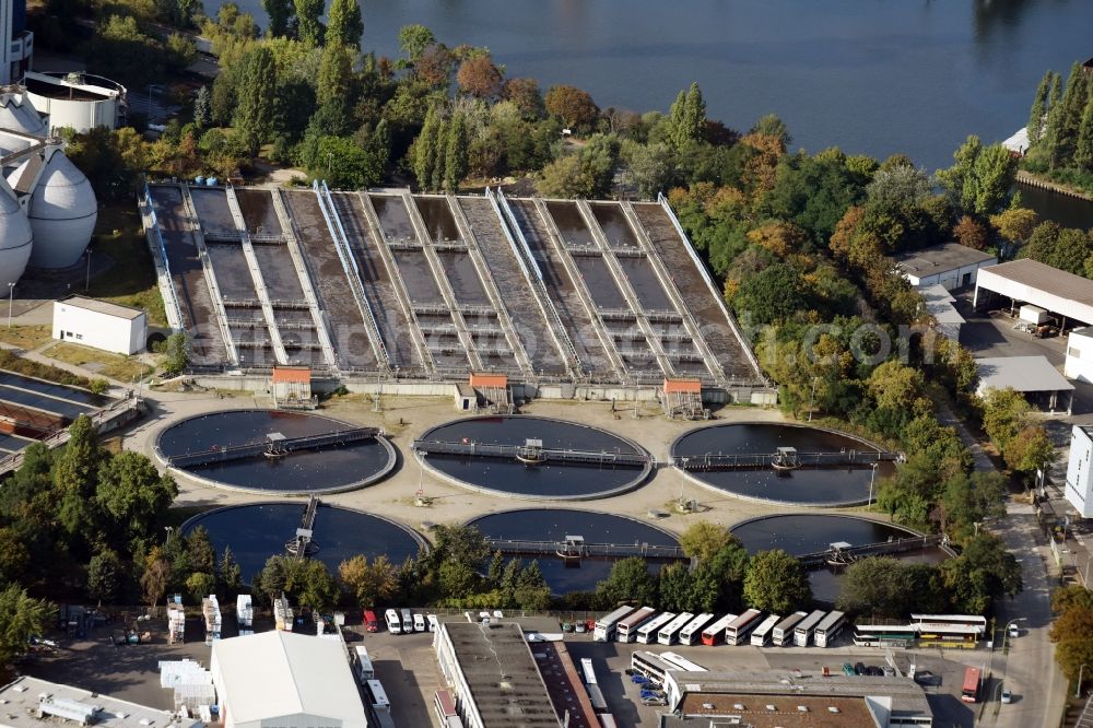 Berlin from above - Sewage works Basin and purification steps for waste water treatment of Berliner Wasserbetriebe destrict Ruhleben in Berlin