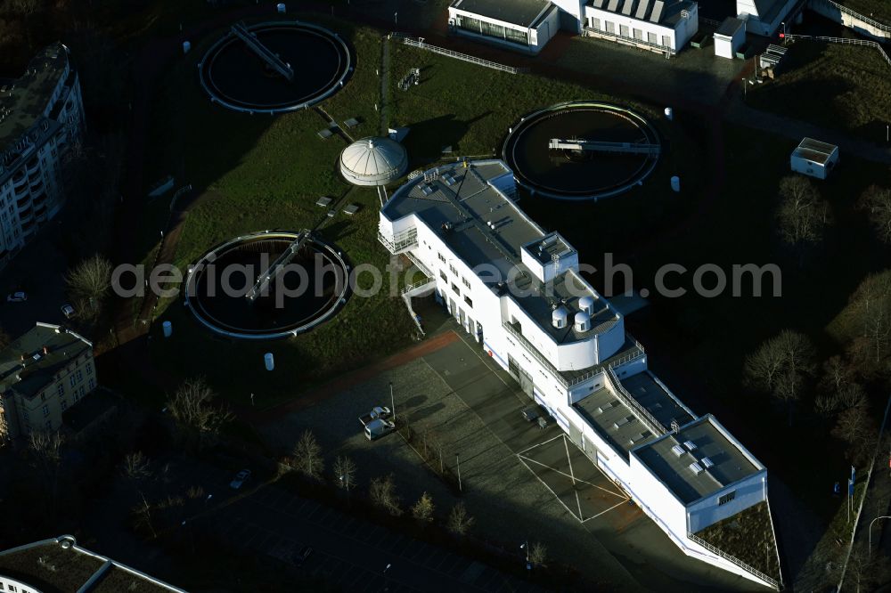 Berlin from above - Sewage works Basin and purification steps for waste water treatment on Buddestrasse in the district Tegel in Berlin, Germany