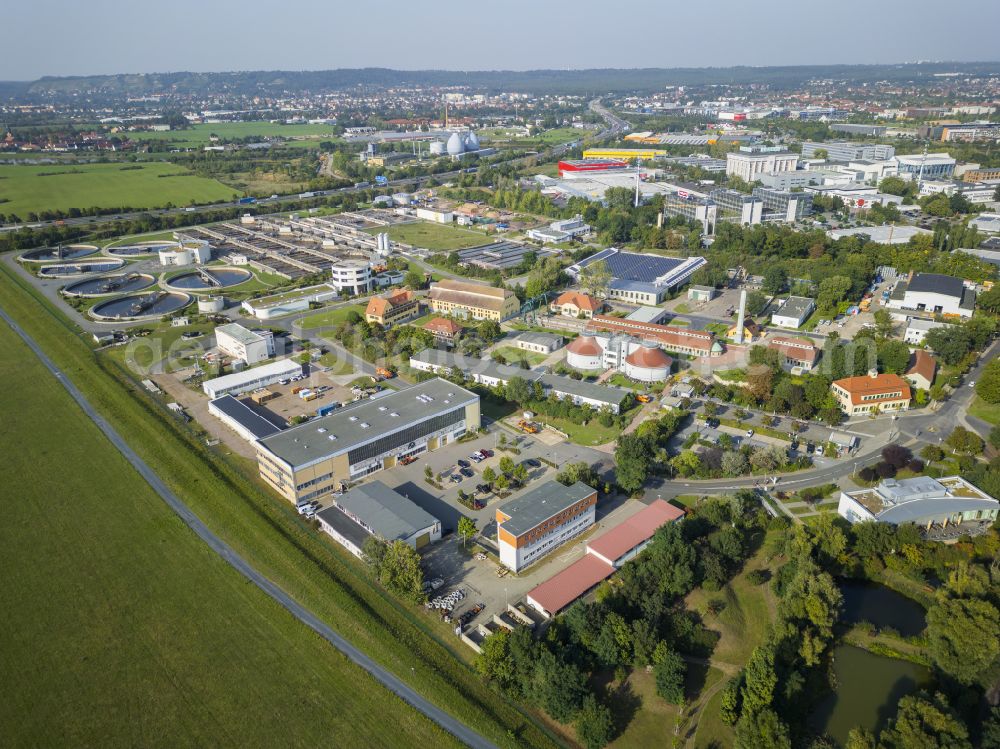 Dresden from above - Sewage works Basin and purification steps for waste water treatment of Stadtentwaesserung Dresden GmbH on street Scharfenberger Strasse in the district Kaditz in Dresden in the state Saxony, Germany