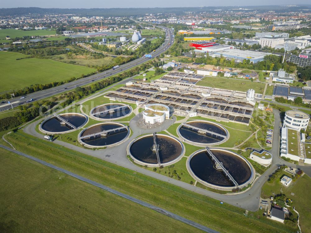 Dresden from the bird's eye view: Sewage works Basin and purification steps for waste water treatment of Stadtentwaesserung Dresden GmbH on street Scharfenberger Strasse in the district Kaditz in Dresden in the state Saxony, Germany