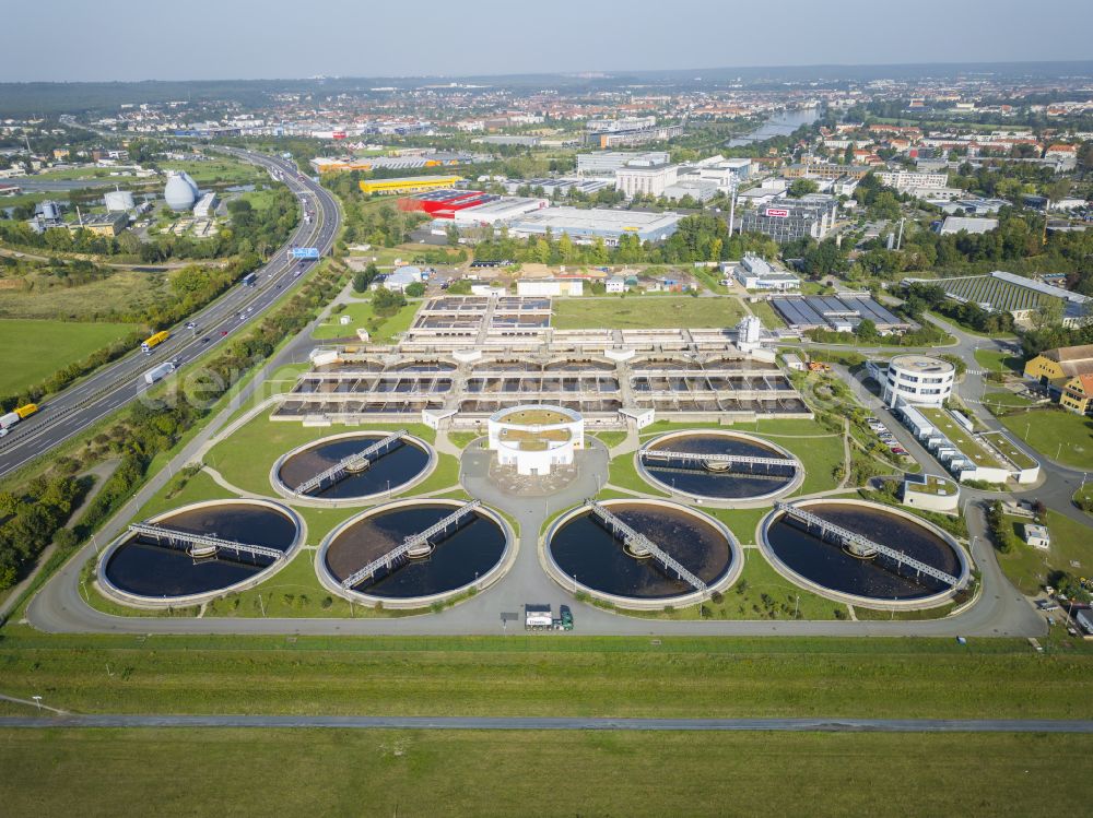 Aerial image Dresden - Sewage works Basin and purification steps for waste water treatment of Stadtentwaesserung Dresden GmbH on street Scharfenberger Strasse in the district Kaditz in Dresden in the state Saxony, Germany