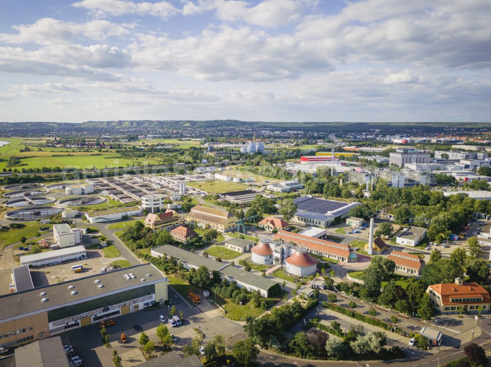 Dresden from above - Sewage works Basin and purification steps for waste water treatment of Stadtentwaesserung Dresden GmbH on street Scharfenberger Strasse in the district Kaditz in Dresden in the state Saxony, Germany