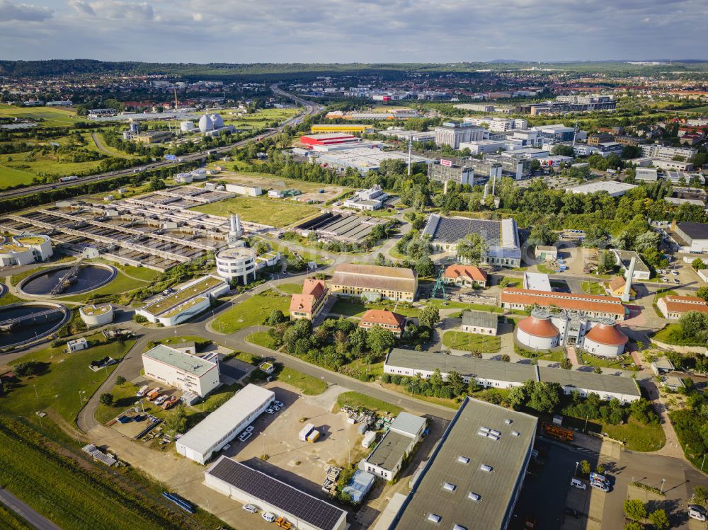 Aerial image Dresden - Sewage works Basin and purification steps for waste water treatment of Stadtentwaesserung Dresden GmbH on street Scharfenberger Strasse in the district Kaditz in Dresden in the state Saxony, Germany