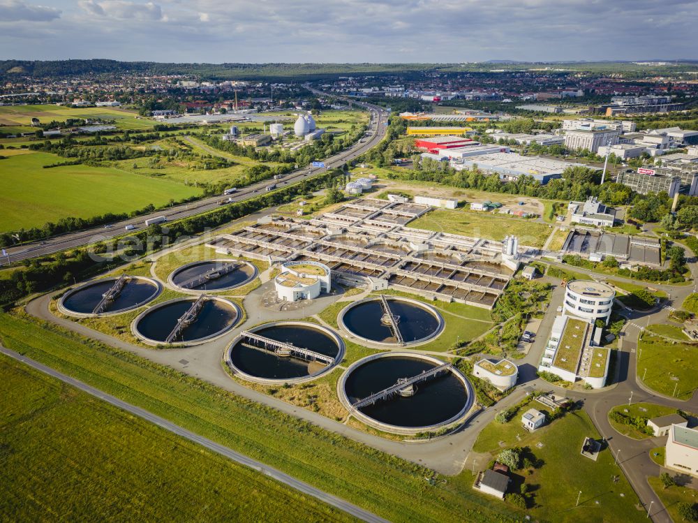 Dresden from the bird's eye view: Sewage works Basin and purification steps for waste water treatment of Stadtentwaesserung Dresden GmbH on street Scharfenberger Strasse in the district Kaditz in Dresden in the state Saxony, Germany