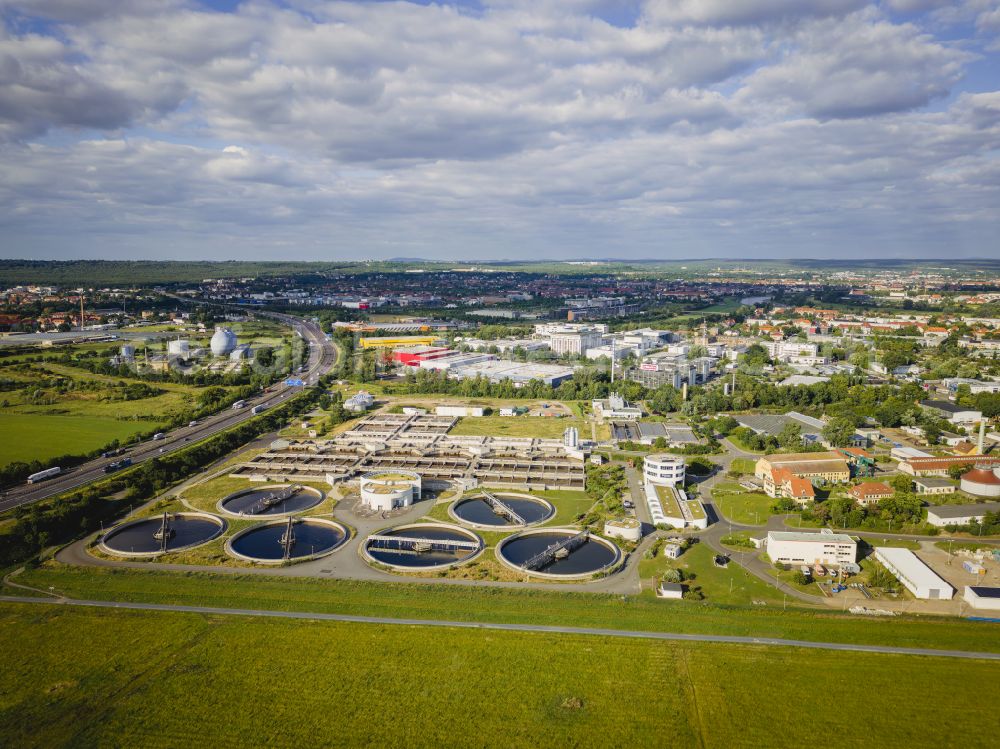 Aerial image Dresden - Sewage works Basin and purification steps for waste water treatment of Stadtentwaesserung Dresden GmbH on street Scharfenberger Strasse in the district Kaditz in Dresden in the state Saxony, Germany