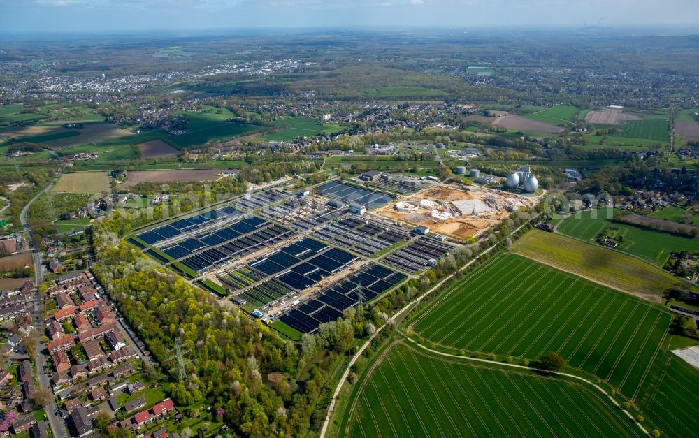 Duisburg from above - Sewage works Basin and purification steps for waste water treatment Emschermuendung in Duisburg in the state North Rhine-Westphalia